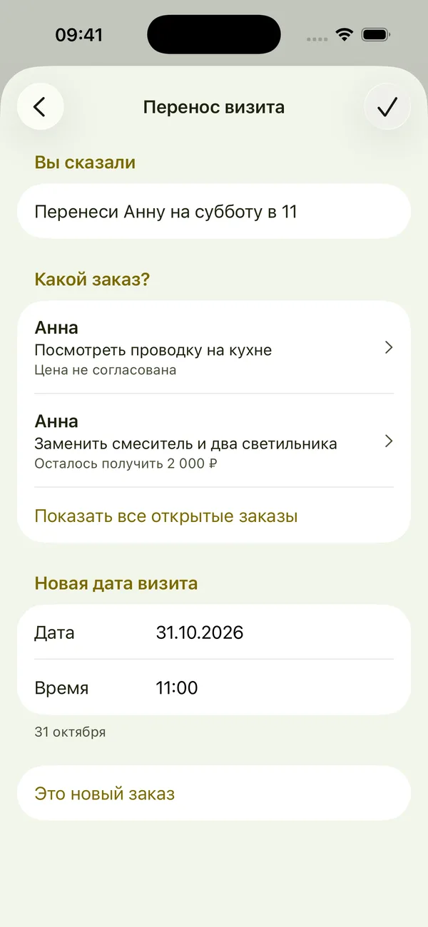 Экран Kasuar: перенос визита Анны на 31 октября, 11:00, выбор из двух её заказов